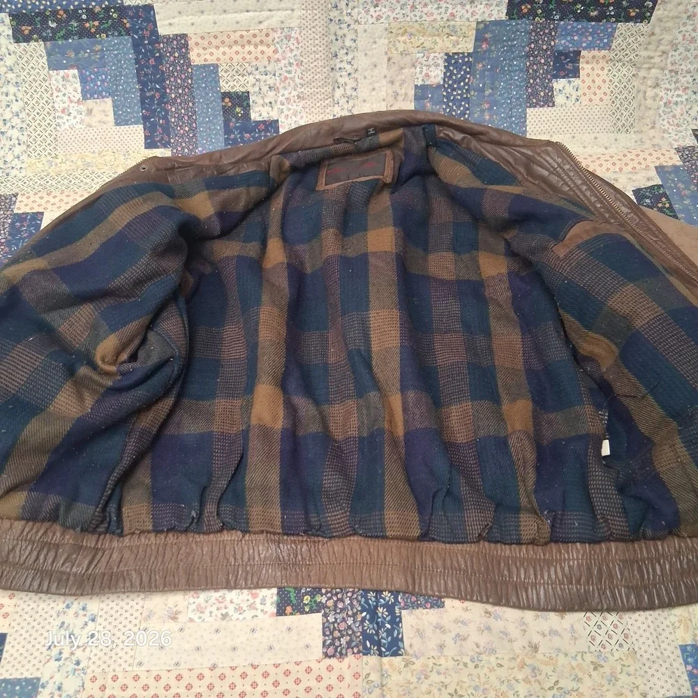 Vintage Mirage Leather Bomber Jacket Mens Large Brown Flannel Lined Multi pocket